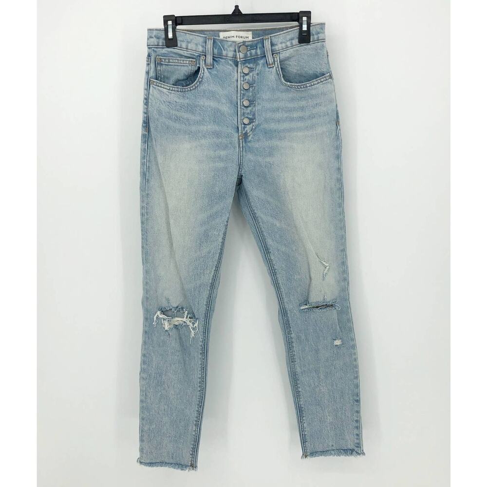 Denim Forum Women Yoko Jeans 28 US 6 Light Blue Slim Straight High Rise Distress
